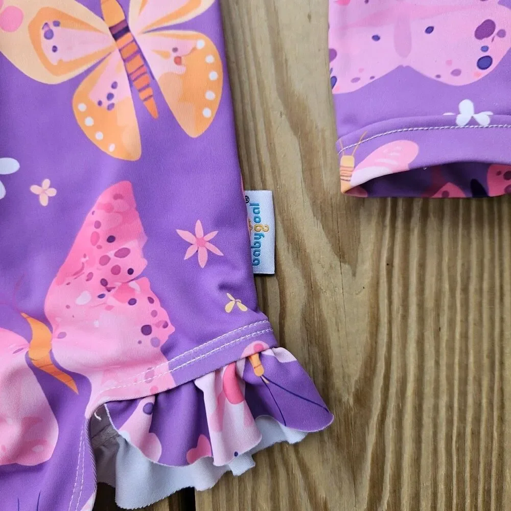 Baby Girl Butterfly Print One Piece Swimsuit & Hat Set 12-18M Ruffle Purple